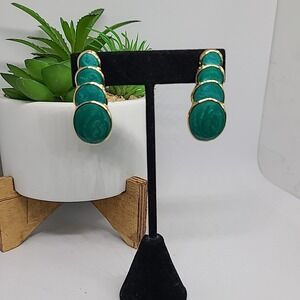 Green & Gold Tone Earrings Statement‎ Drop Dangle Fashion Jewelry Pre-Owned